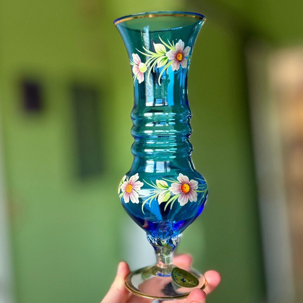 VTG Bohemia Czech Republic Hand Painted Blue Glass Floral Bohemian Vase Accent